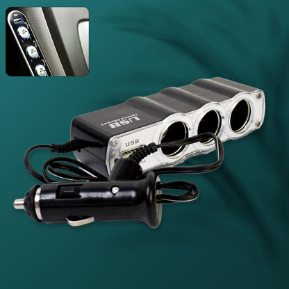 Wukusy automotive triple 3-way car 12V lighter socket splitter with USB charger ports, black plastic power adapter for vehicles.