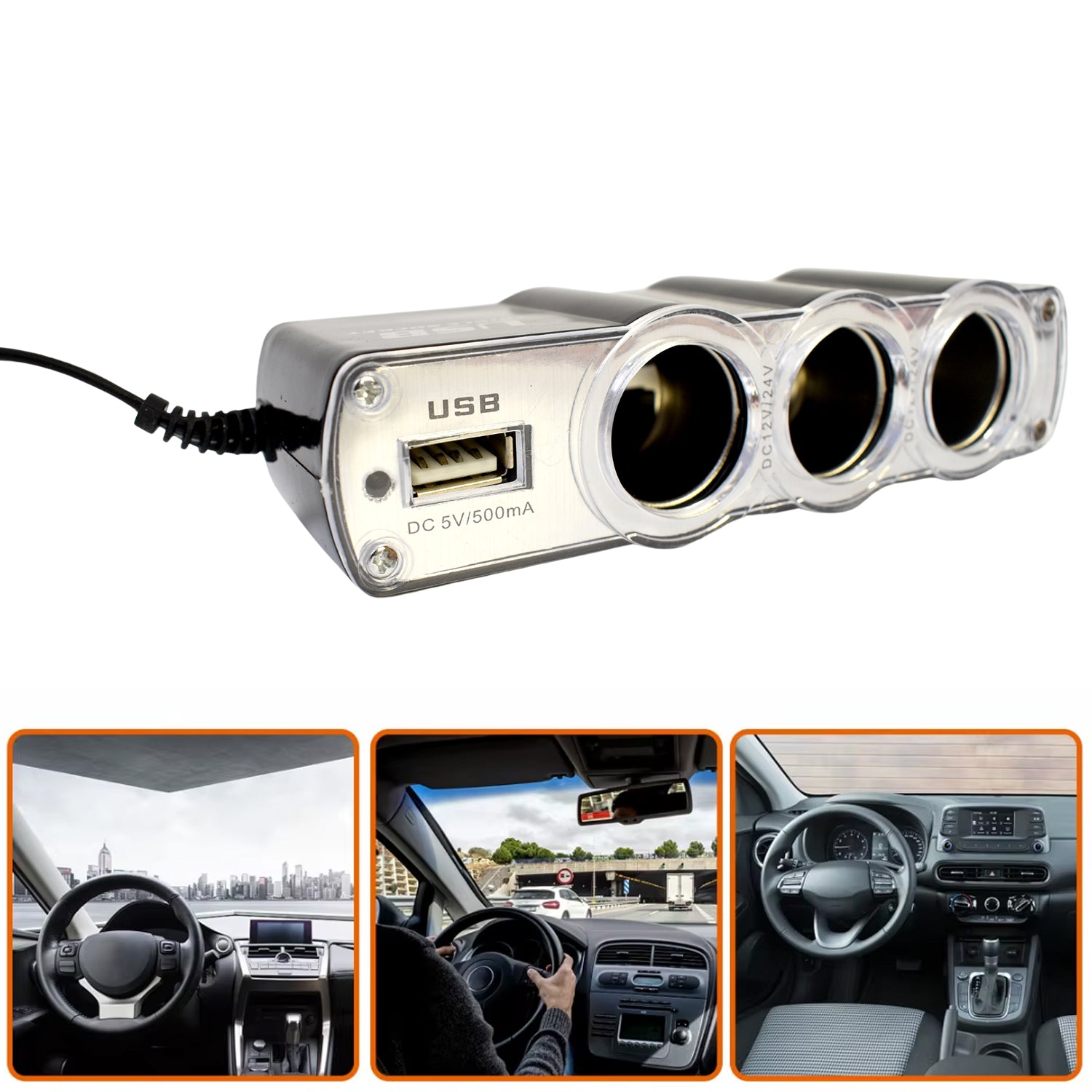 Wukusy automotive triple 3-way 12V car lighter socket splitter with USB charger ports and power adapter functionality.
