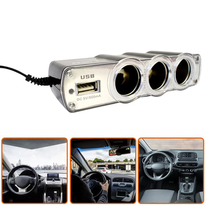 Wukusy automotive triple 3-way 12V car lighter socket splitter with USB charger ports and power adapter functionality.