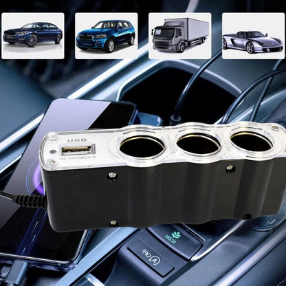 Wukusy triple 3-way car 12V lighter socket splitter with USB charger ports for automotive use.
