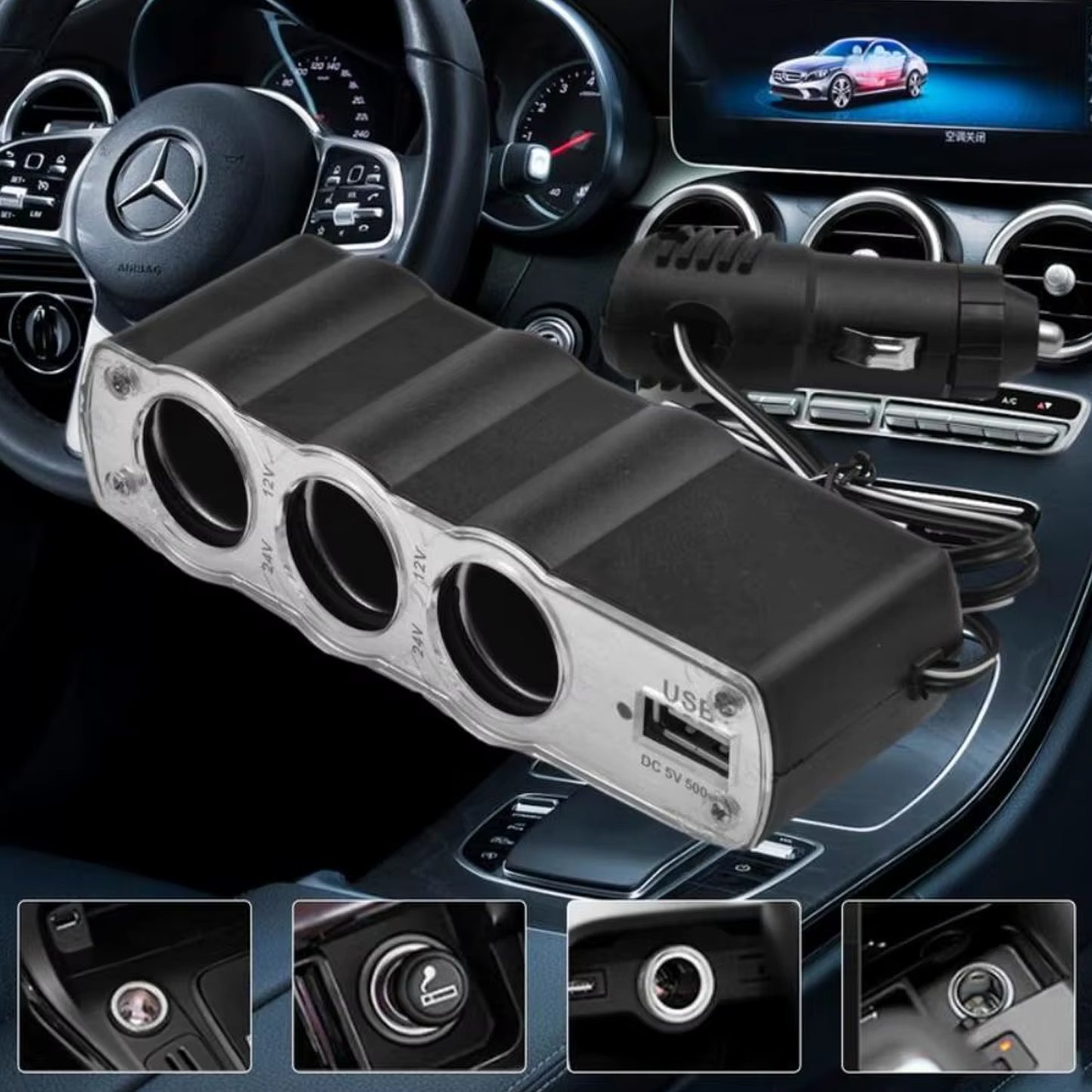 Wukusy triple 3-way car 12V lighter socket splitter with USB charger ports, automotive power adapter for vehicle use