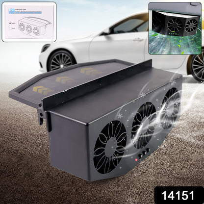 Wukusy solar-powered automotive triple fan car exhaust ventilation system with USB charging ports, mounted inside a vehicle.