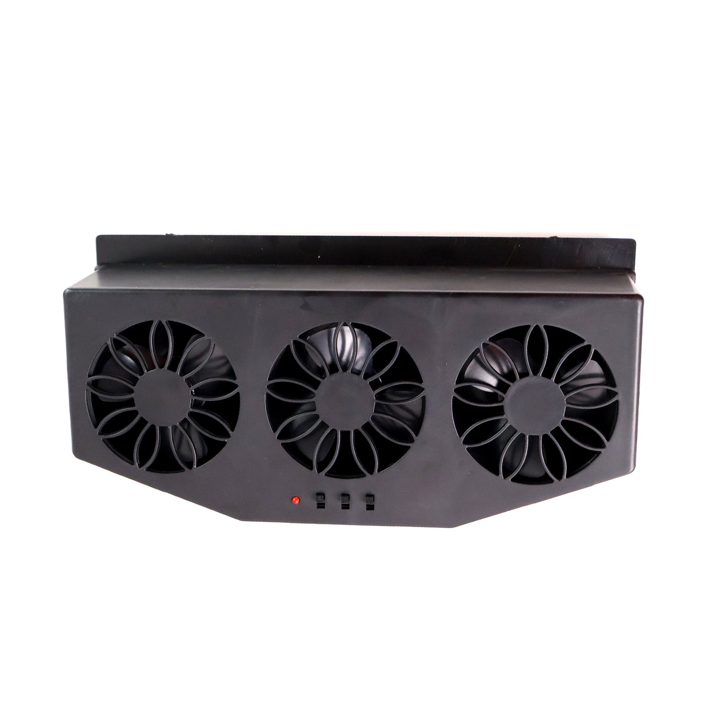 Wukusy triple fan solar-powered car exhaust ventilation system with USB charging, installed in a vehicle for improved airflow.