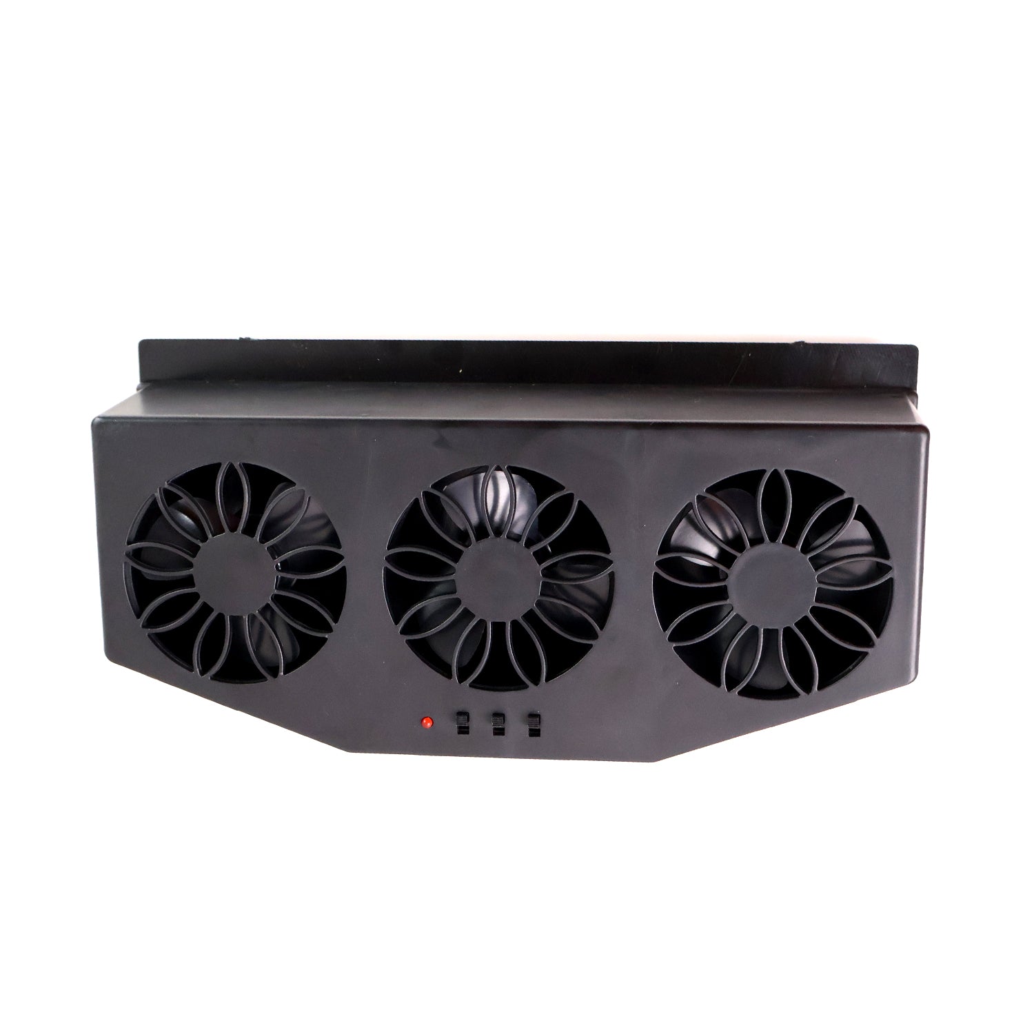 Wukusy triple fan solar-powered car exhaust ventilation system with USB charging, installed in a vehicle for improved airflow.