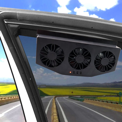 Wukusy triple fan solar-powered car exhaust ventilation system with USB charging, showing compact automotive device with fans and USB port