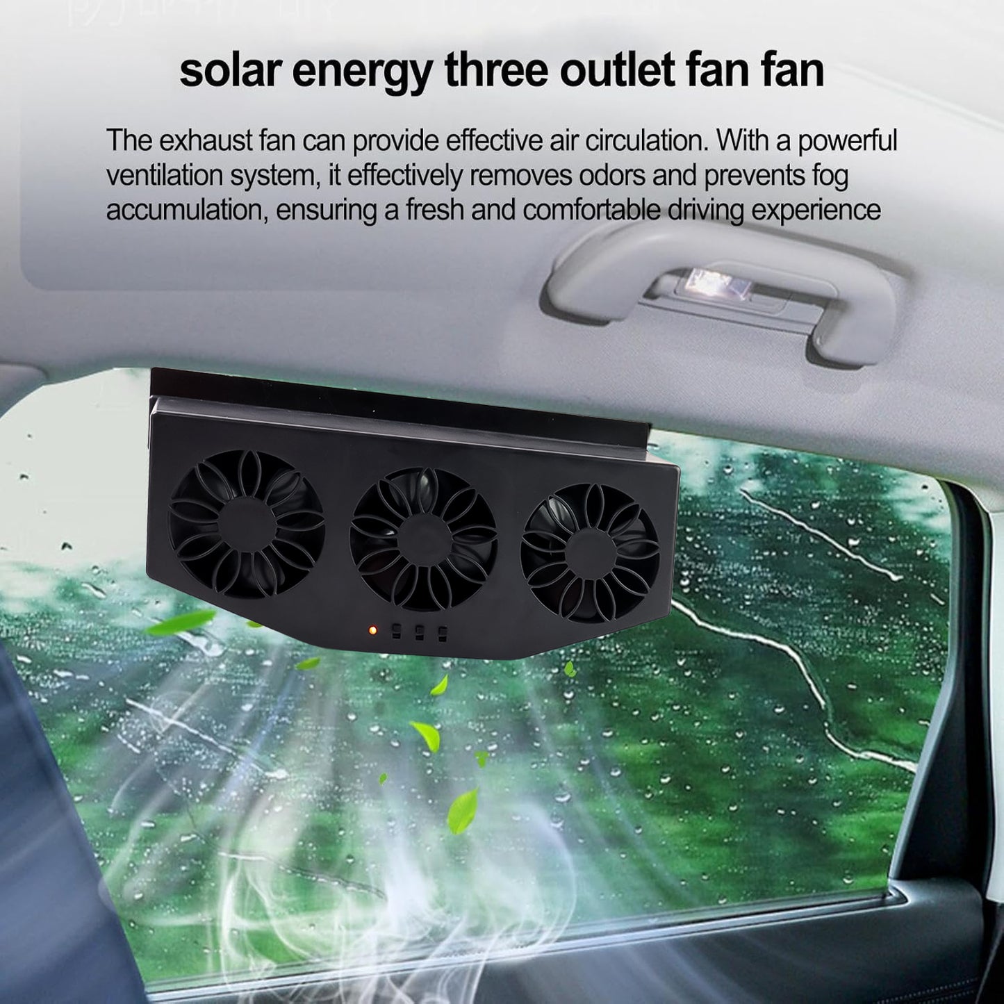 Wukusy triple fan solar-powered car exhaust ventilation system with USB charging installed in a vehicle interior.
