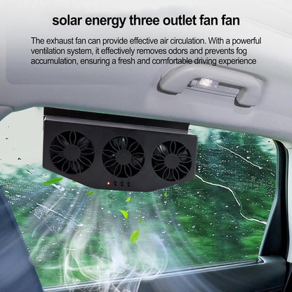 Wukusy triple fan solar-powered car exhaust ventilation system with USB charging installed in a vehicle interior.
