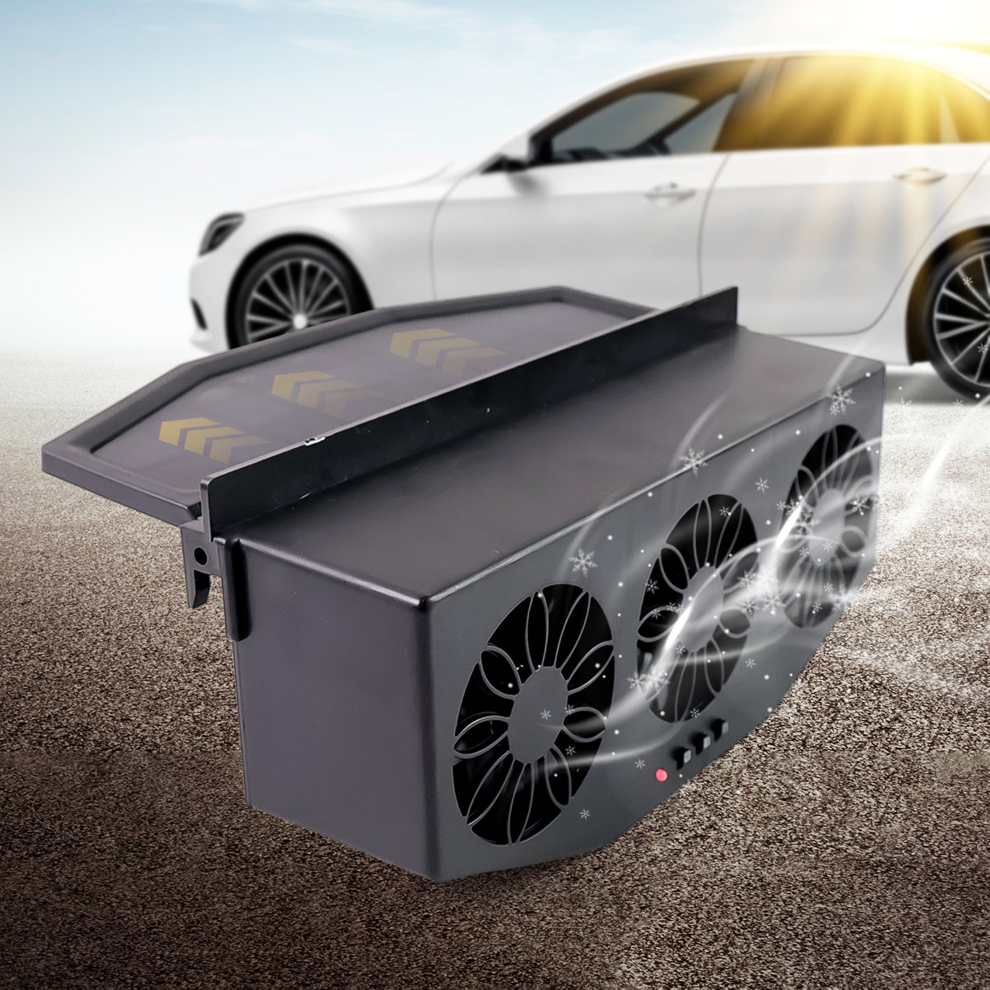 Wukusy triple fan solar-powered car exhaust ventilation system with USB charging installed in a vehicle interior.