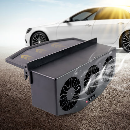 Wukusy triple fan solar-powered car exhaust ventilation system with USB charging installed in a vehicle interior.