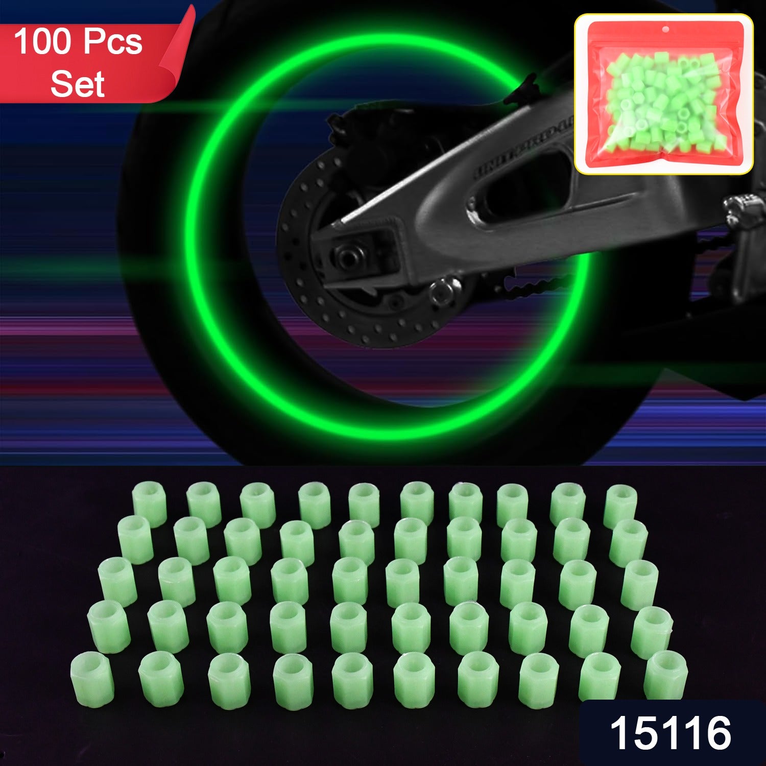 Set of 100 luminous glow car tire valve caps from Wukusy, automotive accessories for tire valve covers with bright glow effect.