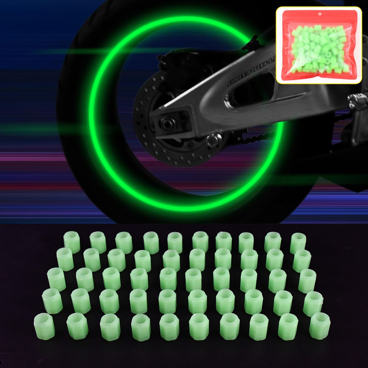 Set of 100 luminous glow tyre valve caps for cars, automotive Wukusy brand tire valve covers with glowing feature and durable design.