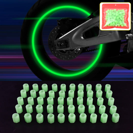 Set of 100 luminous glow tyre valve caps for cars, automotive Wukusy brand tire valve covers with glowing feature and durable design.