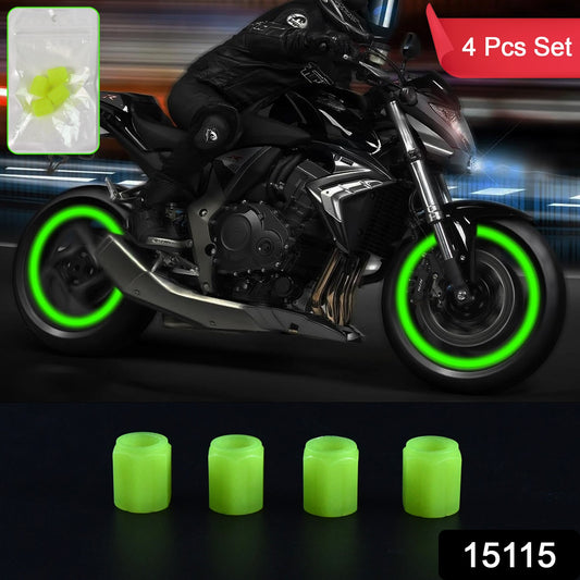 Set of four Wukusy luminous glow car tire valve cap covers, automotive accessory with glowing design on black valve caps.