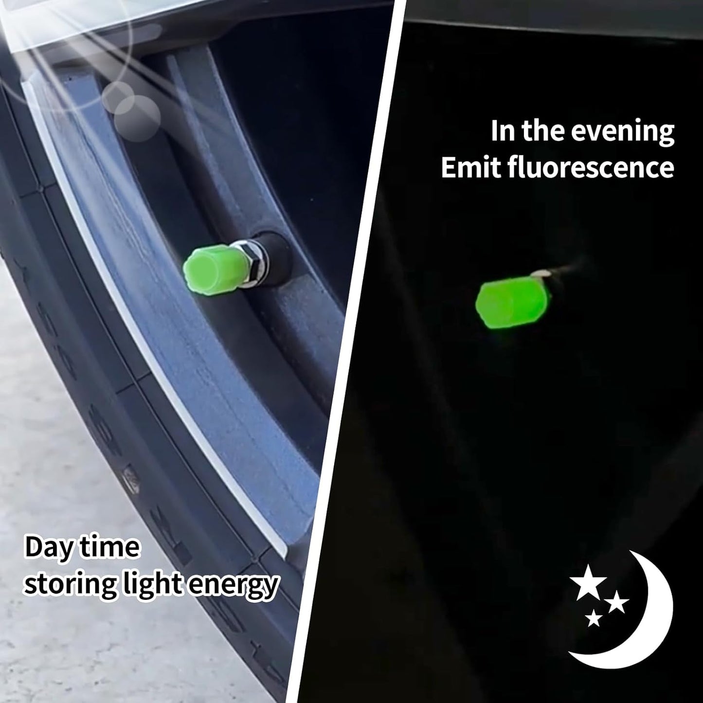 Set of four luminous glow car tire valve caps by Wukusy, automotive accessories, shown on standard tire valves.