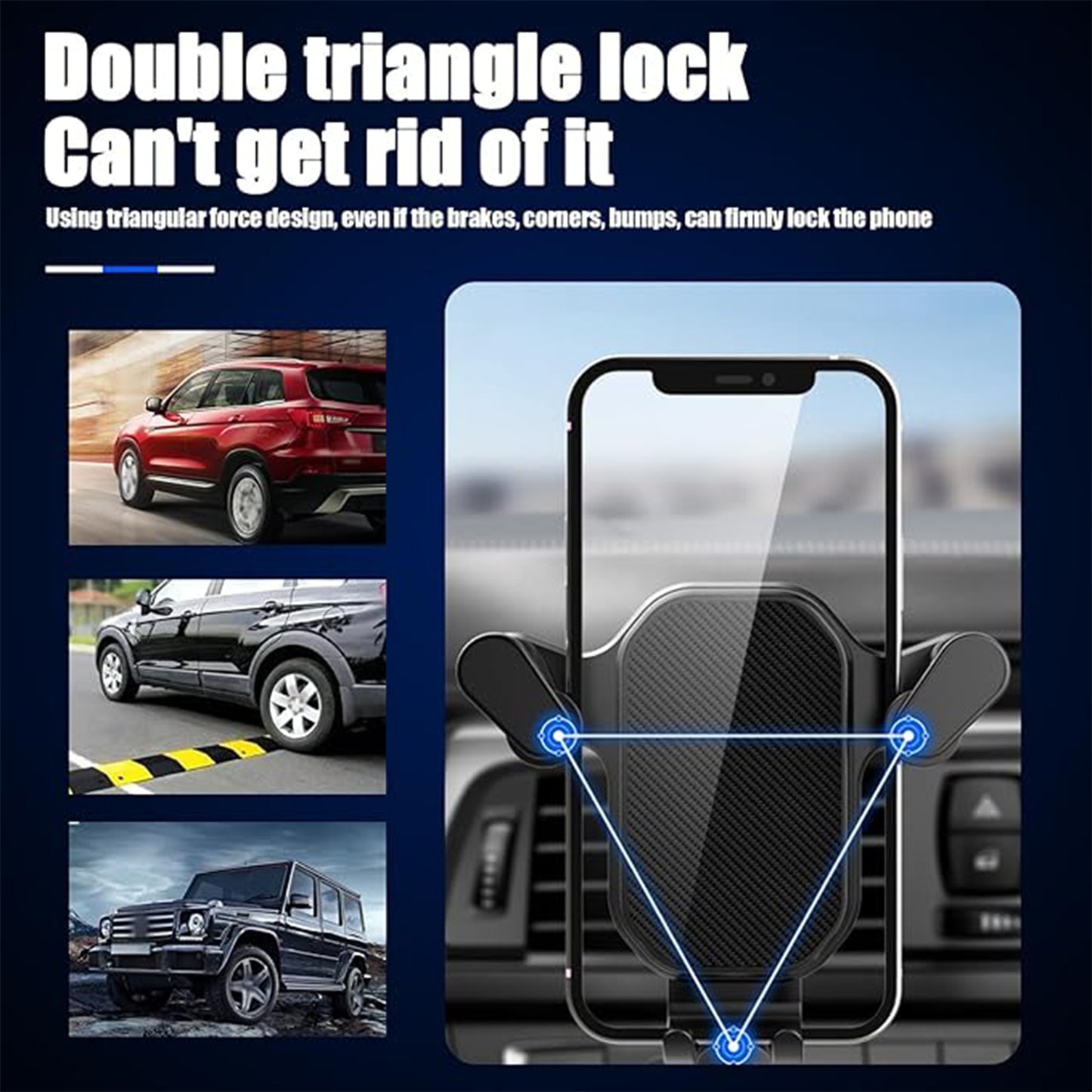 Wukusy universal air vent gravity car phone holder mount attached to vehicle air vent, holding a smartphone securely.