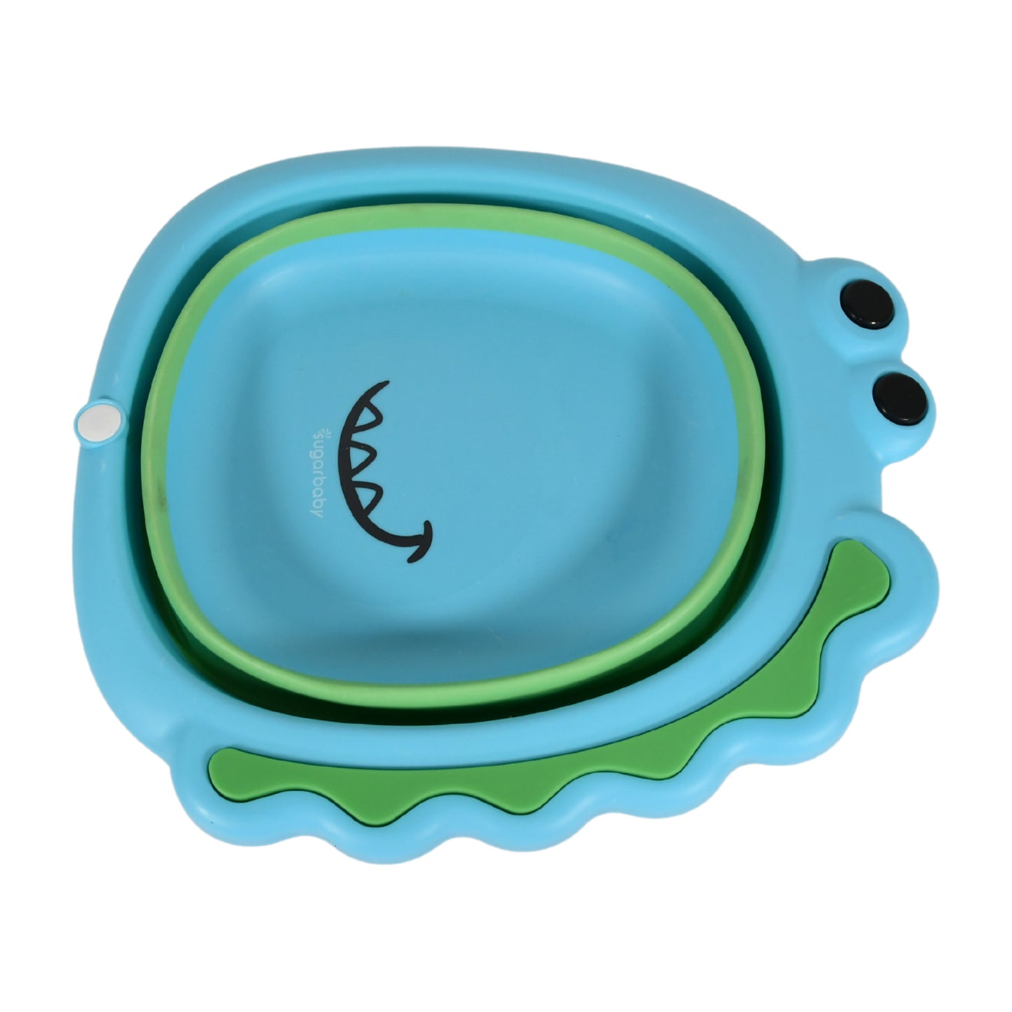 Wukusy frog-shaped baby wash basin, foldable and lightweight, designed for easy face washing and space-saving baby care at home.