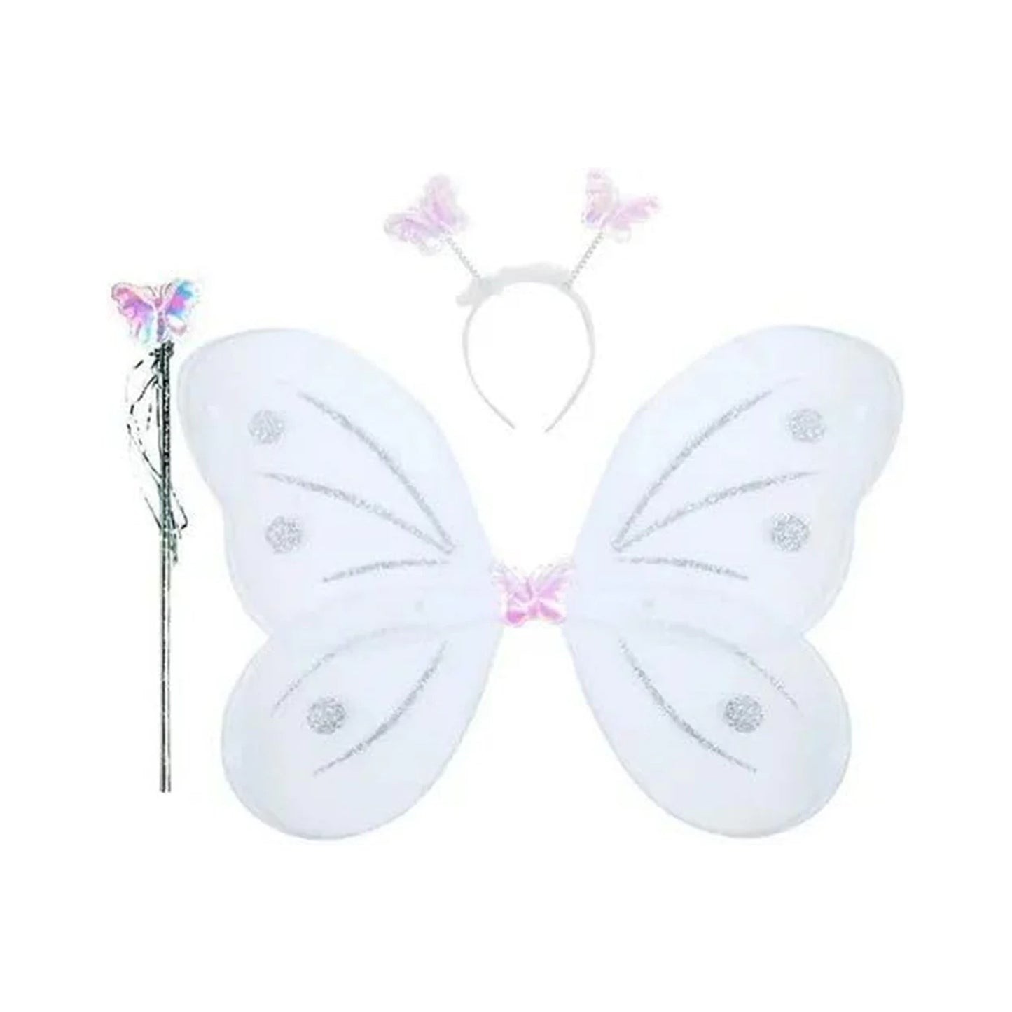 Baby girl wearing multicolor nylon butterfly fairy wings costume with matching hairband and fairy wing wand for a party.