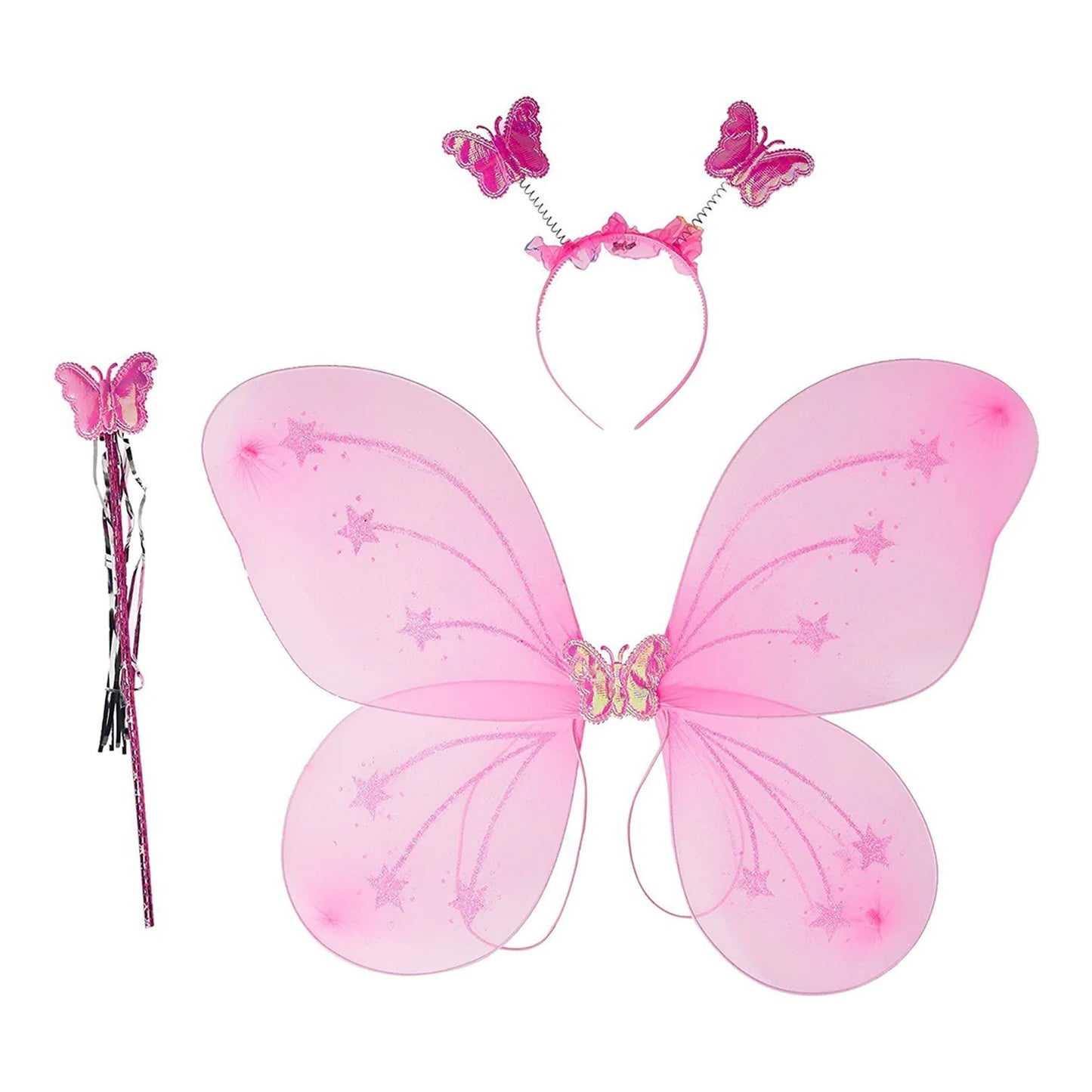 Baby girl wearing colorful nylon butterfly fairy wings costume with matching hairband and fairy wand for party play.