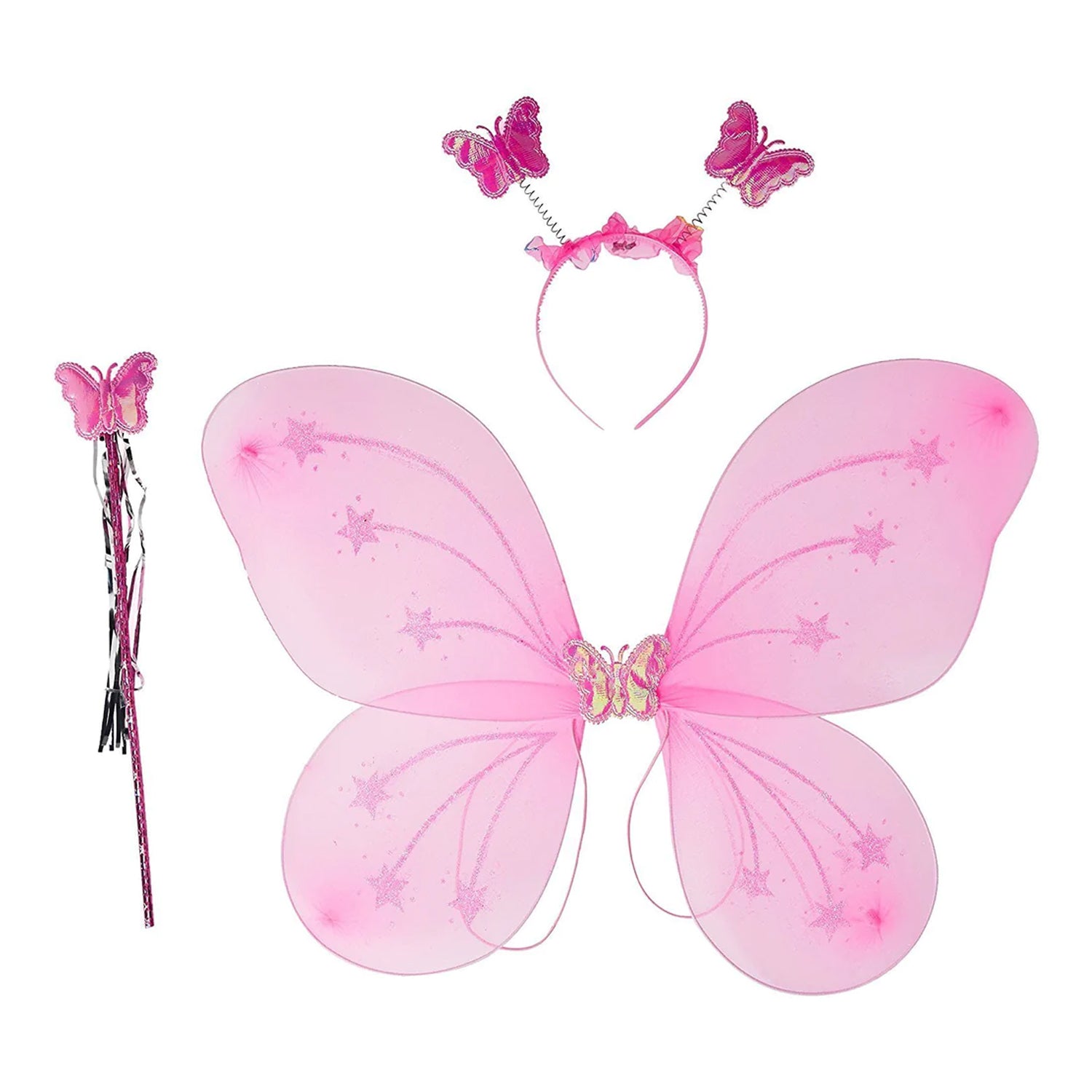Baby girl wearing colorful nylon butterfly fairy wings costume with matching hairband and fairy wand for party play.