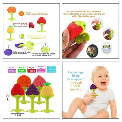 Wukusy silicone fruit-shaped teether toy for babies and toddlers, made of food-grade silicone, soft and safe for infants.