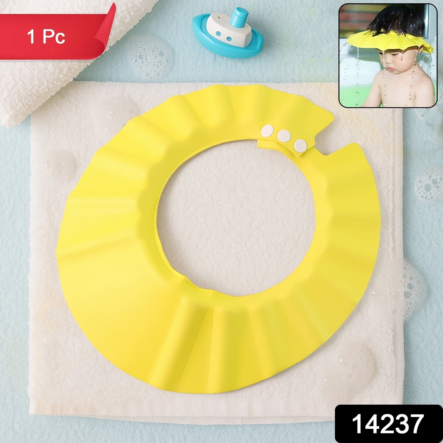 Adjustable Wukusy baby shower cap for baby care, featuring soft waterproof material and adjustable fit for infants.