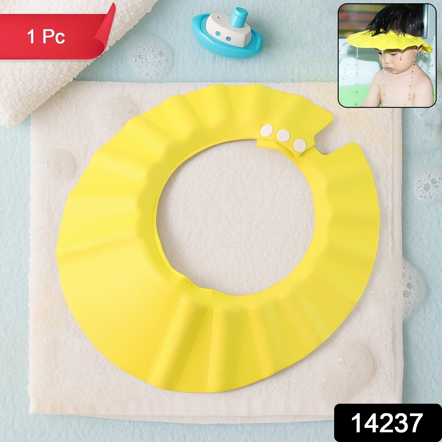 Adjustable Wukusy baby shower cap for baby care, featuring soft waterproof material and adjustable fit for infants.
