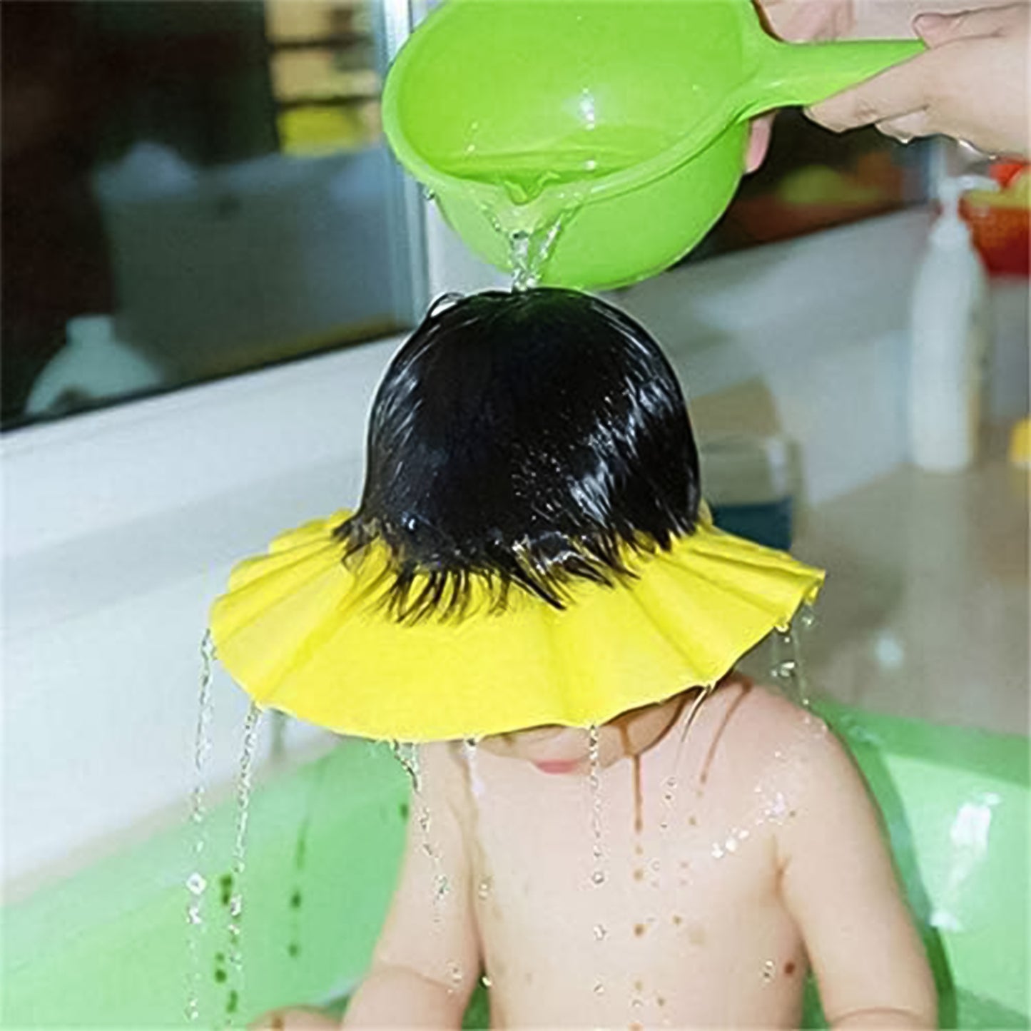 Adjustable Wukusy Baby Shower Cap for baby care, featuring soft waterproof material and adjustable fit for comfort.