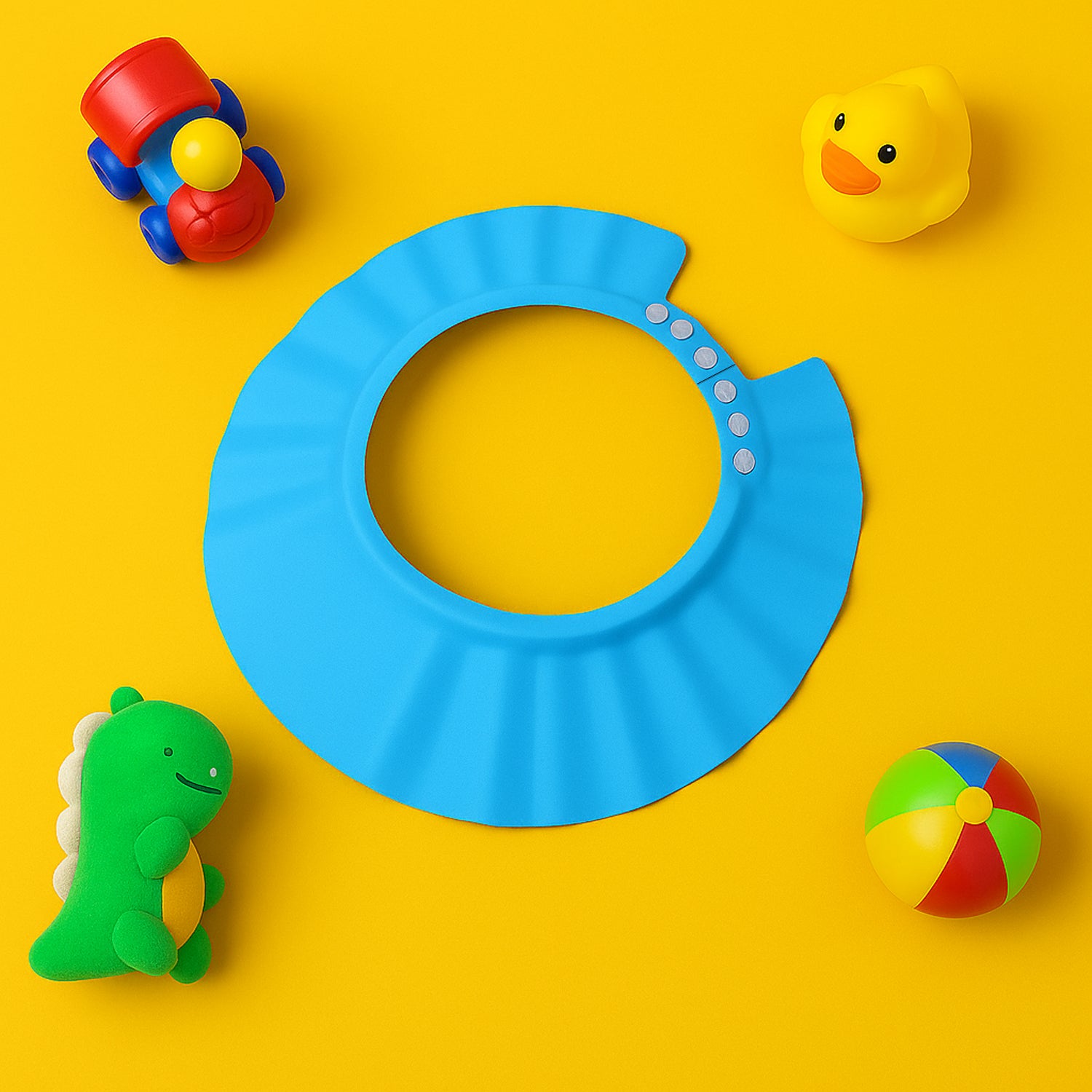 Adjustable Wukusy baby shower cap for infants, made of soft waterproof material, designed to keep baby’s head dry during bath time.