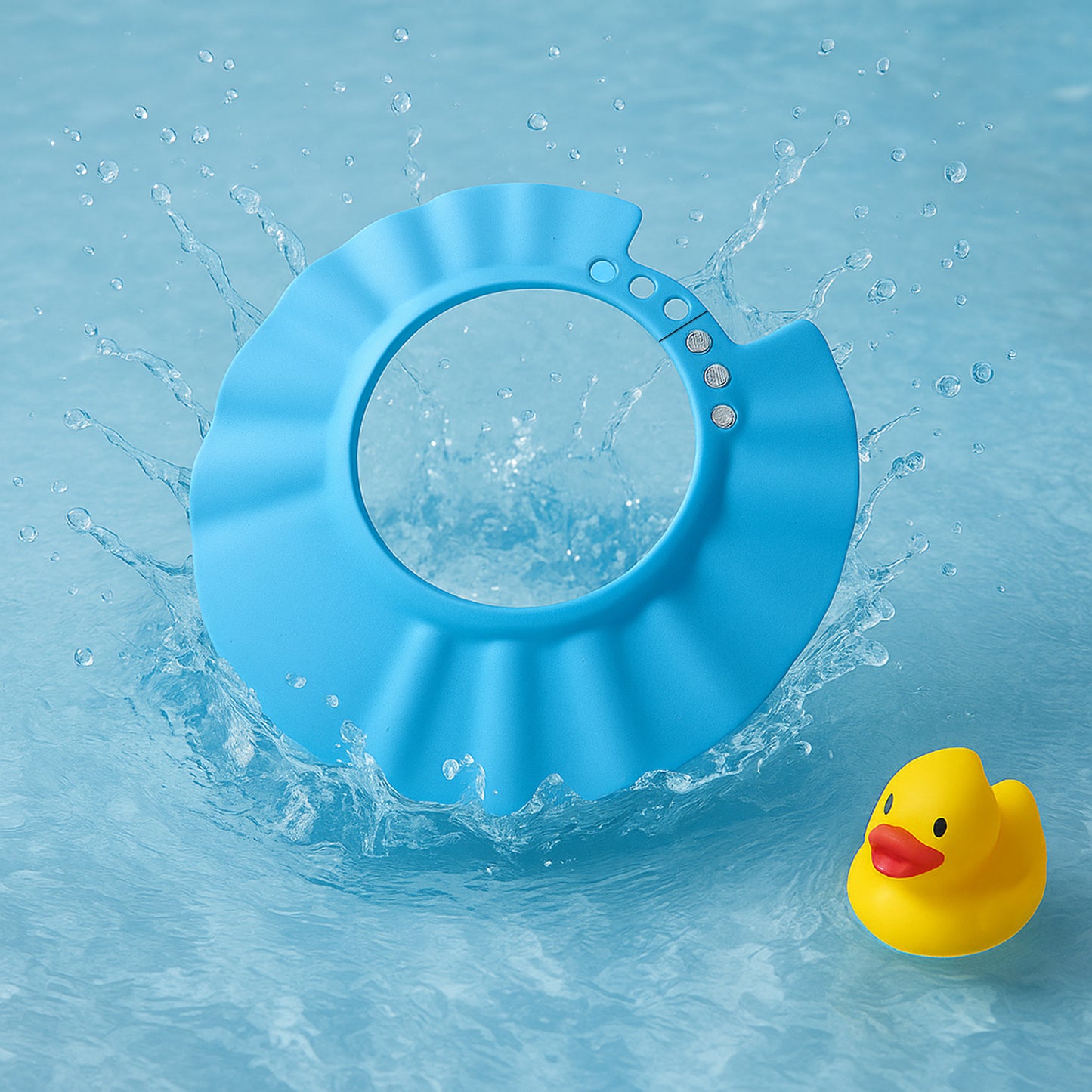 Adjustable Wukusy Baby Shower Cap for baby care, flexible waterproof head covering for shower time.