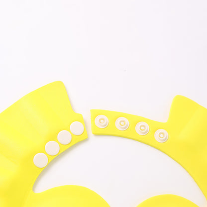 Adjustable baby shower cap by Wukusy, made for keeping baby dry during baths, featuring soft waterproof material and adjustable fit.