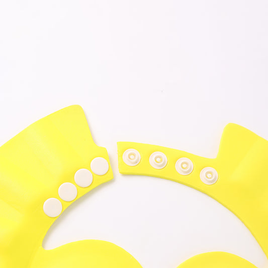 Adjustable baby shower cap by Wukusy, made for keeping baby dry during baths, featuring soft waterproof material and adjustable fit.