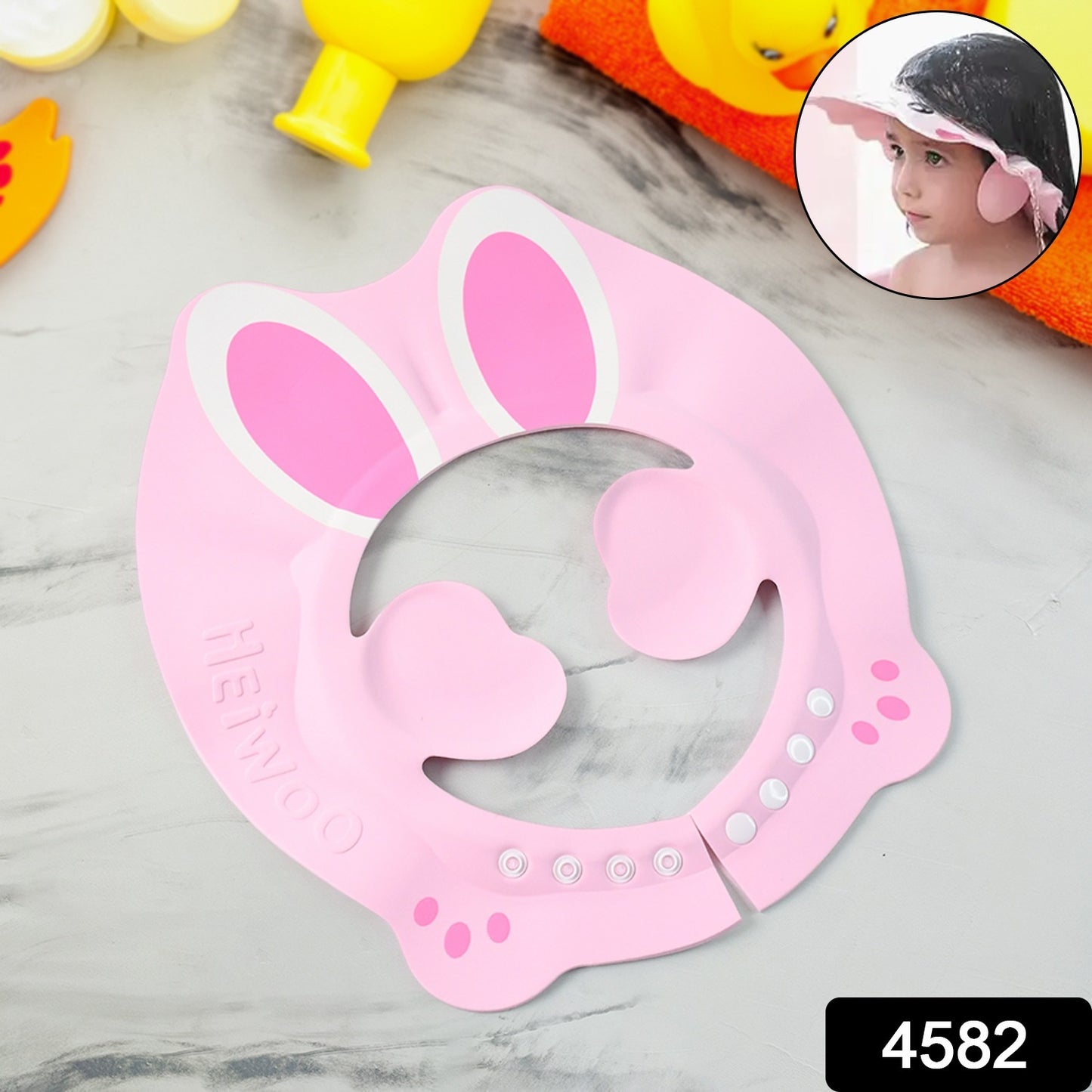 Adjustable Bunny Ear Baby Shower Cap by Wukusy, soft baby care hat with cute bunny ears, one-piece design for newborns and infants.