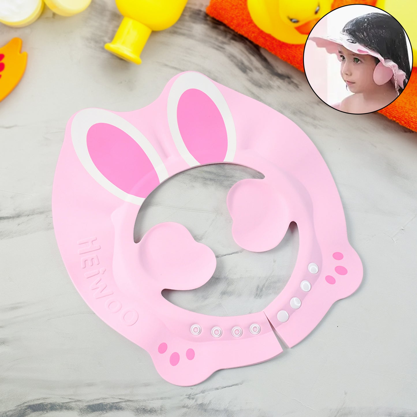 Adjustable Bunny Ear Baby Shower Cap by Wukusy, soft baby care headwear with cute bunny ear design for infants.