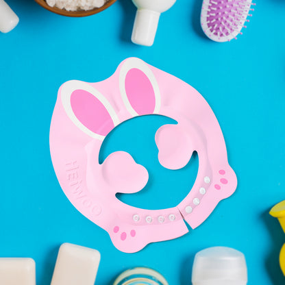 Adjustable Bunny Ear Baby Shower Cap by Wukusy, soft baby care hat with cute bunny ears for newborns and infants.