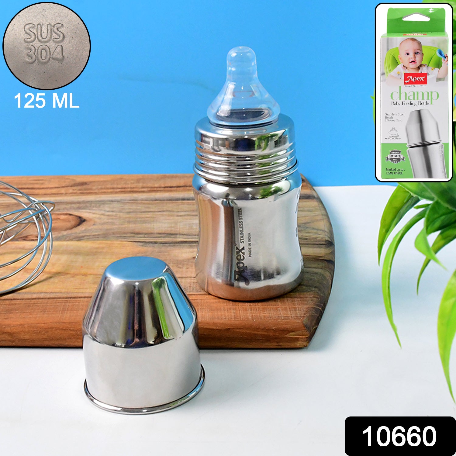 Wukusy Apex Premium stainless steel baby feeding bottle, 125ml, with blue cap and silicone nipple, designed for infant feeding.