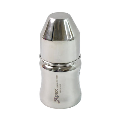 Wukusy Apex Premium stainless steel baby feeding bottle, 125 ml, durable and safe for infants, with a clear view of the bottle and nipple.