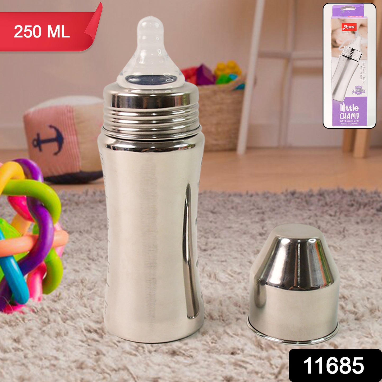 Wukusy Apex Stainless Steel Little Champ baby feeding bottle, 250ml, with a clear silicone nipple and durable metal construction.
