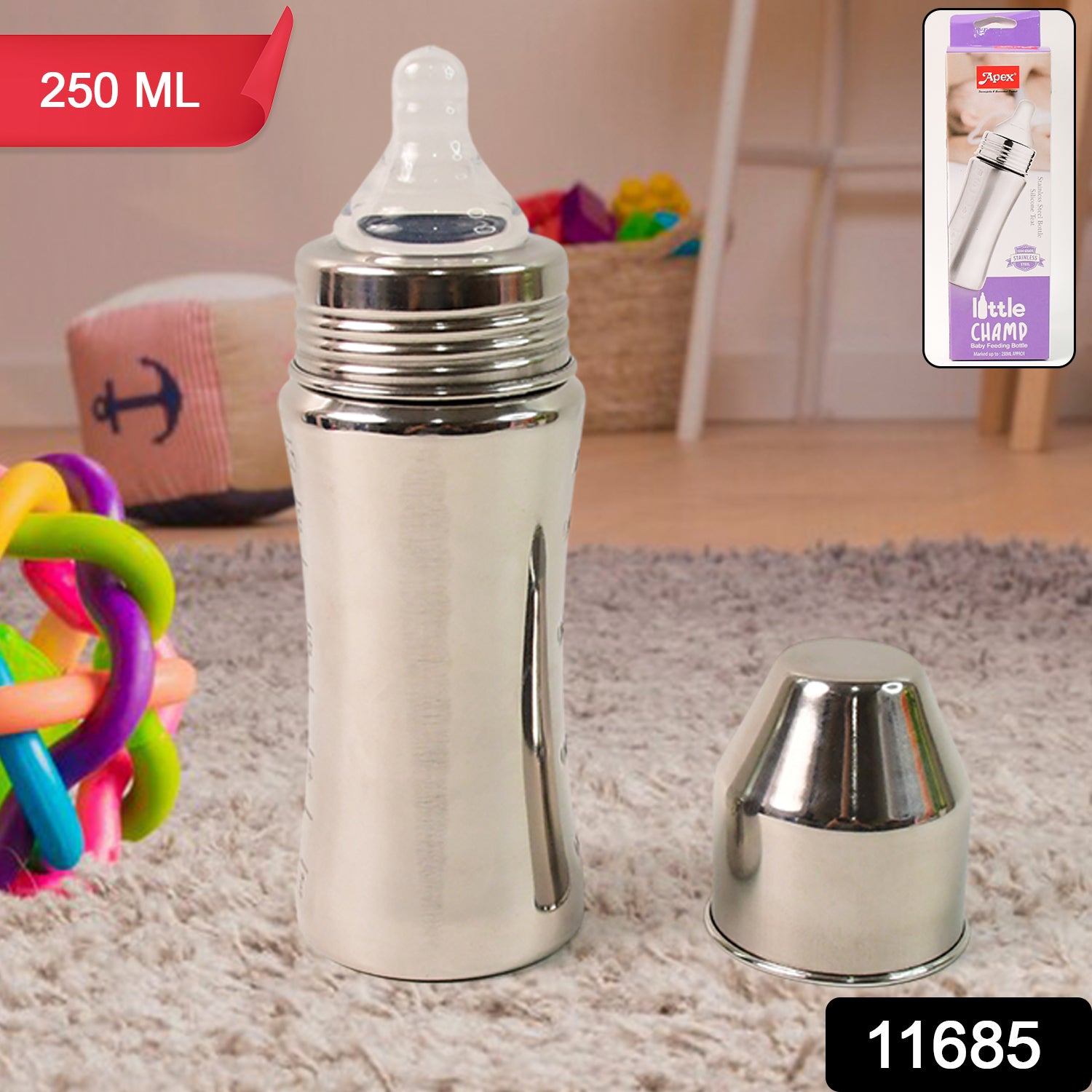 Wukusy Apex Stainless Steel Little Champ baby feeding bottle, 250ml, with a clear silicone nipple and durable metal construction.
