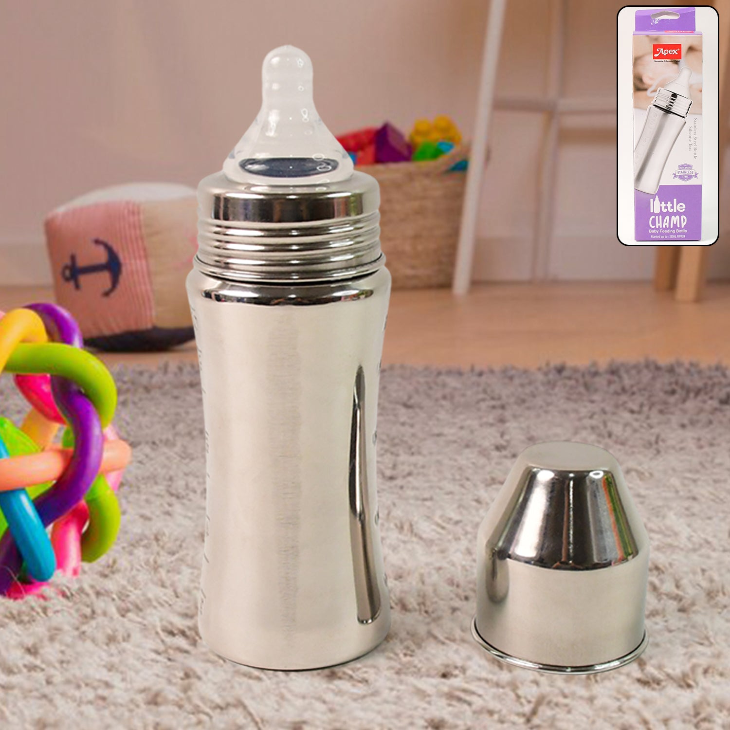 Wukusy Apex Stainless Steel Little Champ baby feeding bottle with 250ml capacity, designed for gentle feeding and durability.