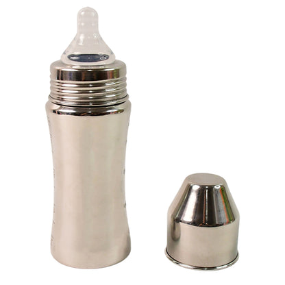 Wukusy Apex Stainless Steel Little Champ Baby Feeding Bottle, 250ml, with a clear silicone nipple and stainless steel body for baby care.