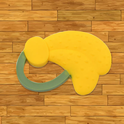 Wukusy baby silicone fruit teether featuring colorful grapes, banana, and watermelon designs for toddlers above 3 months.