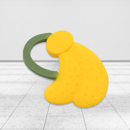 Wukusy baby silicone fruit teether featuring grapes, banana, and watermelon designs, made from food-grade, non-toxic silicone for toddlers.