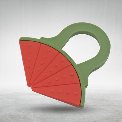 Wukusy baby silicone fruit teether featuring grapes, banana, and watermelon, made from food-grade, non-toxic, latex-free silicone for toddlers.