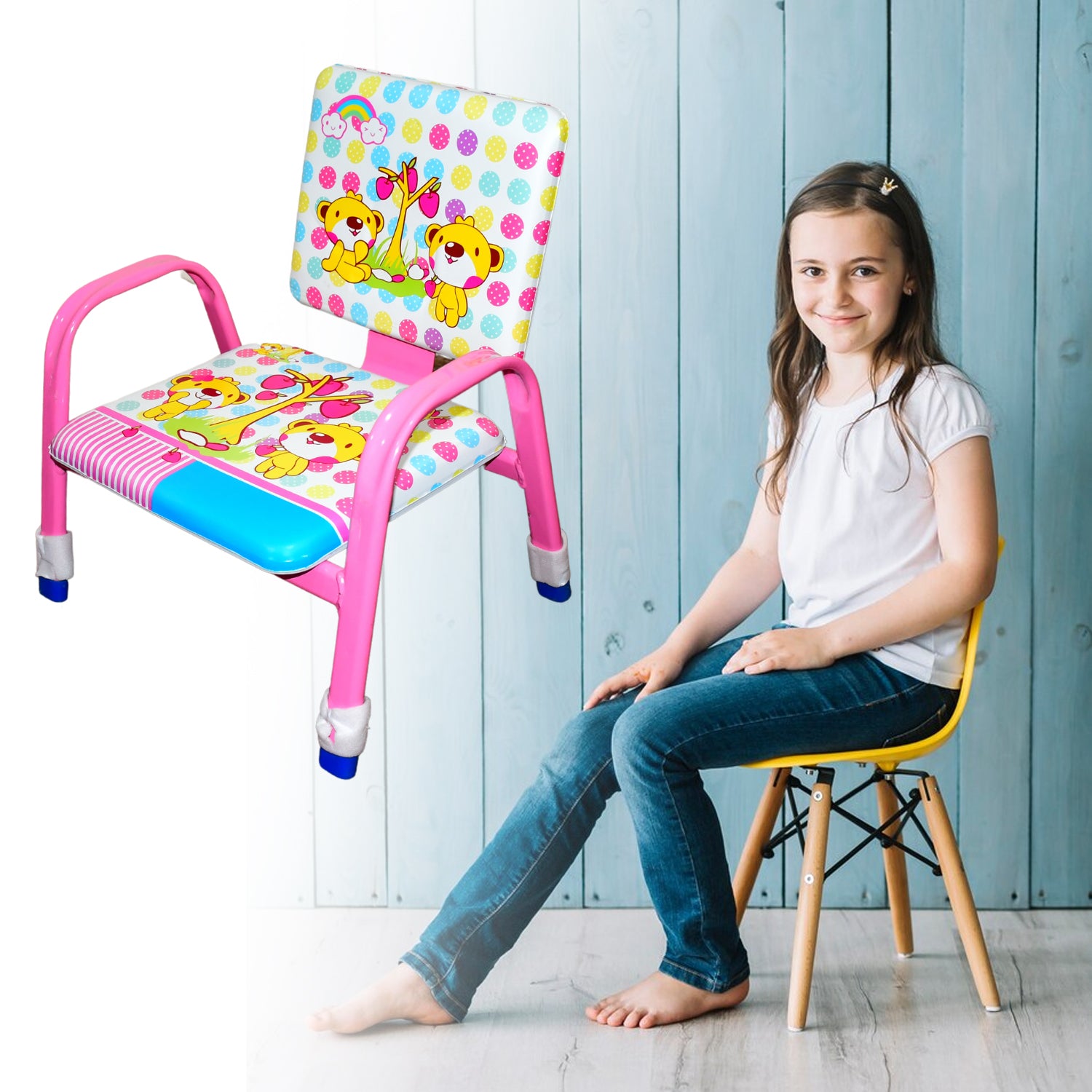 Wukusy cartoon baby chair with strong steel frame, cushioned seat, and high-quality construction for comfortable baby care.