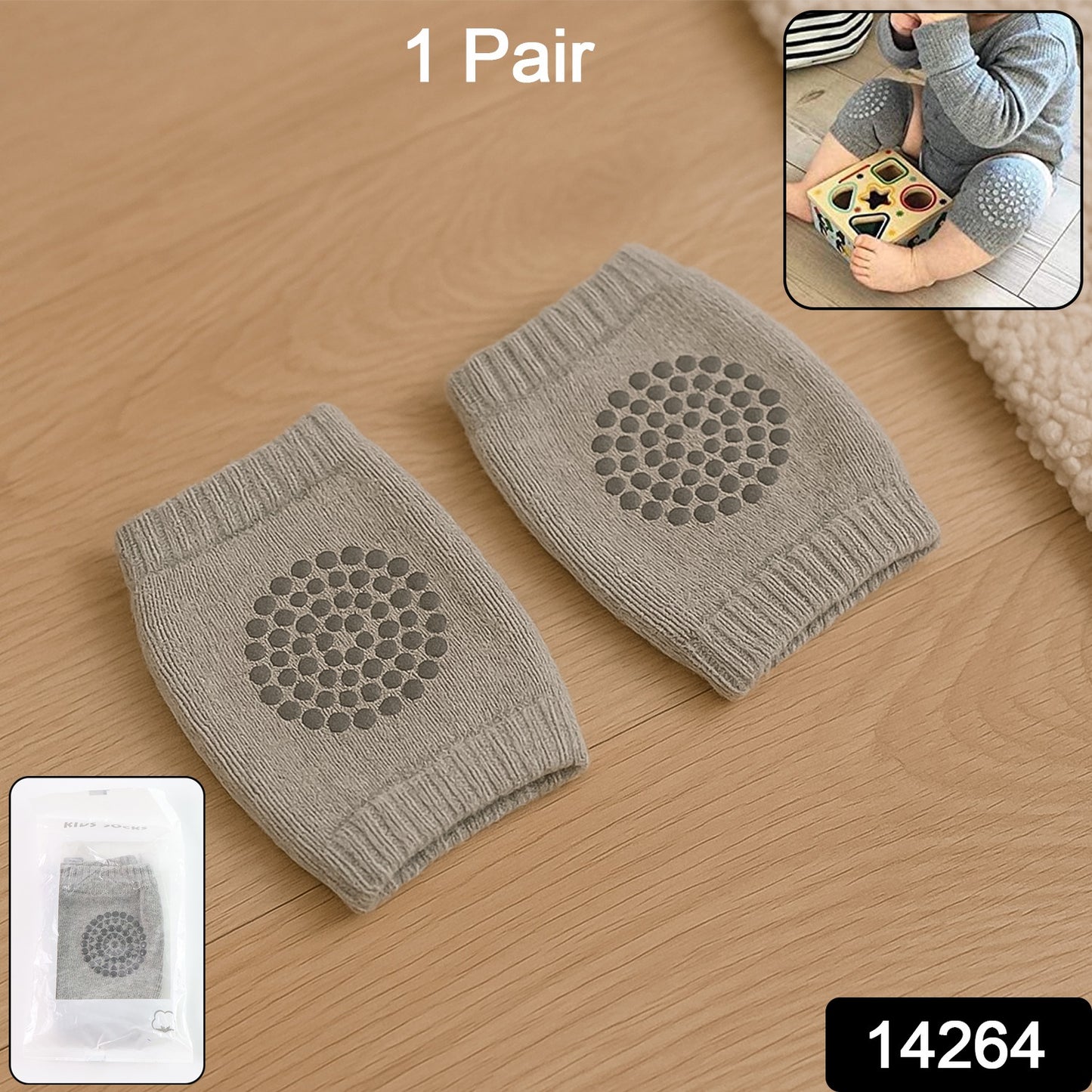 Light grey Wukusy wool knit toddler leg warmer with knee guard, designed for baby care and warmth.