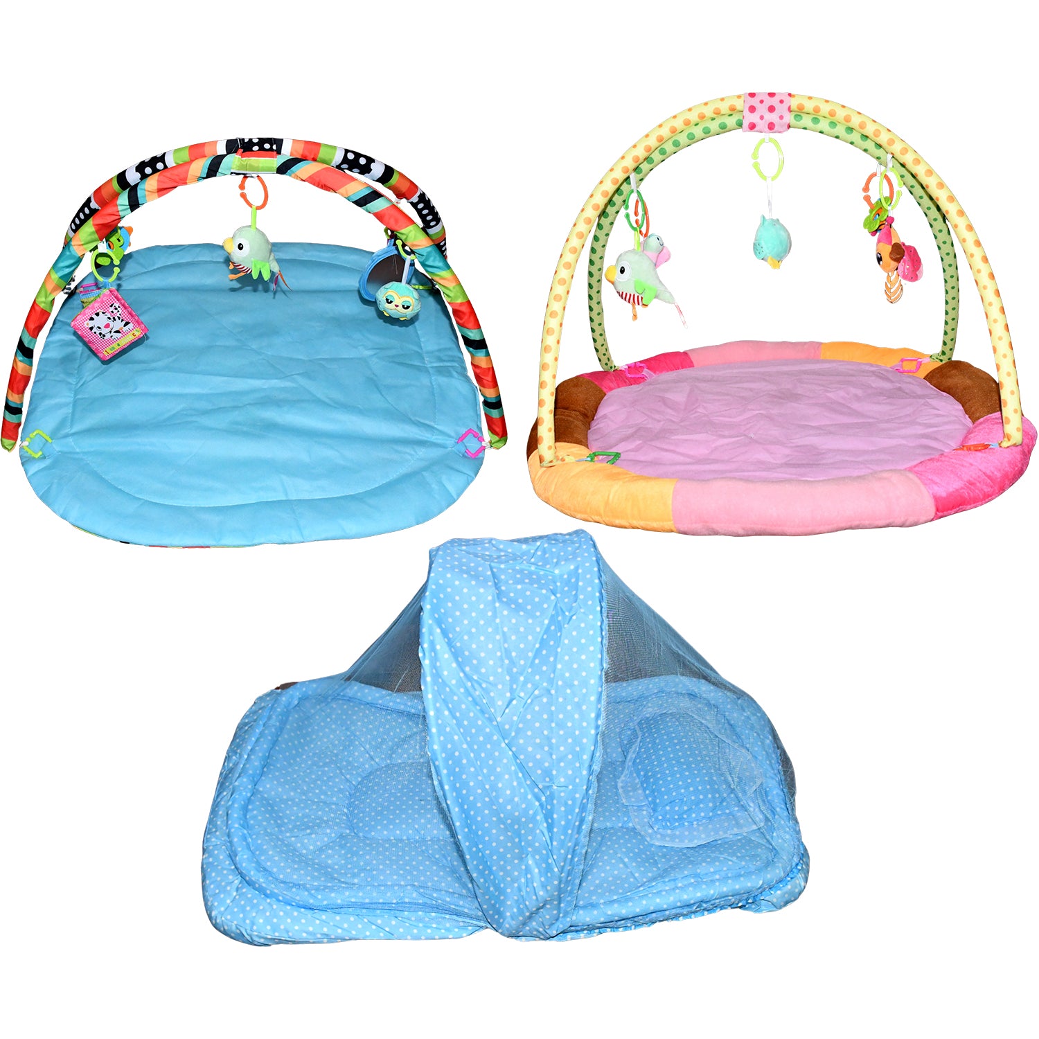 Wukusy baby care multipurpose play gym and sleeping mat with colorful mix design, soft fabric and playful hanging toys for infants.