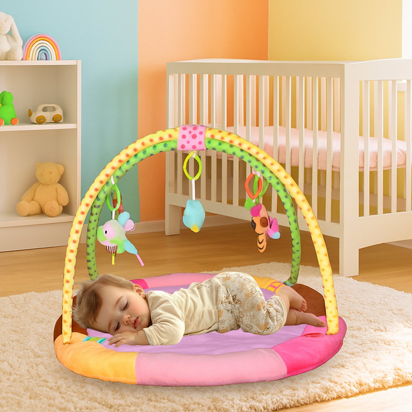 Wukusy baby care multipurpose play gym and sleeping mat with colorful mix design, ideal for infant play and naps.