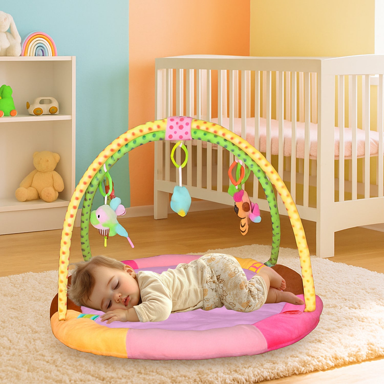 Wukusy baby care multipurpose play gym and sleeping mat with colorful mix design, ideal for infant play and naps.