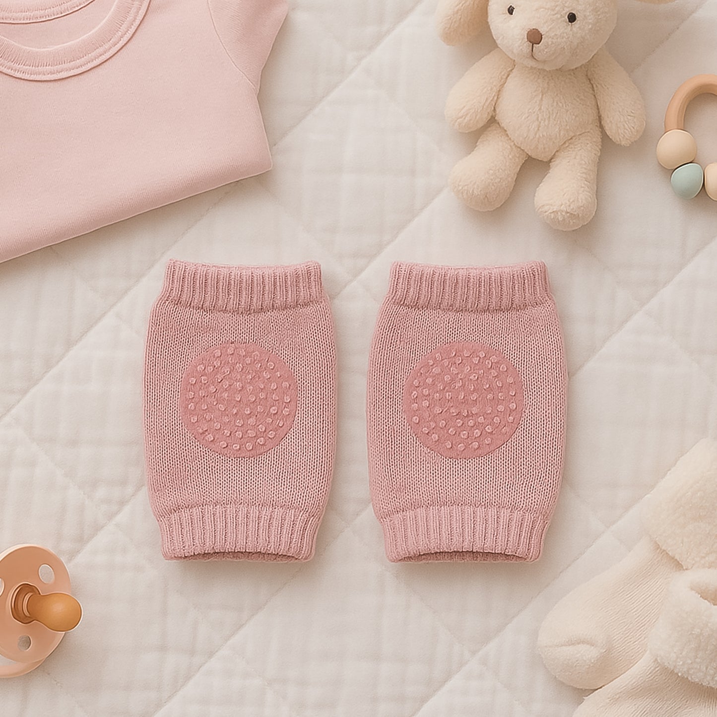 Pink wool knit toddler leg warmer and knee guard by Wukusy, soft, cozy baby care accessory for warmth and protection.