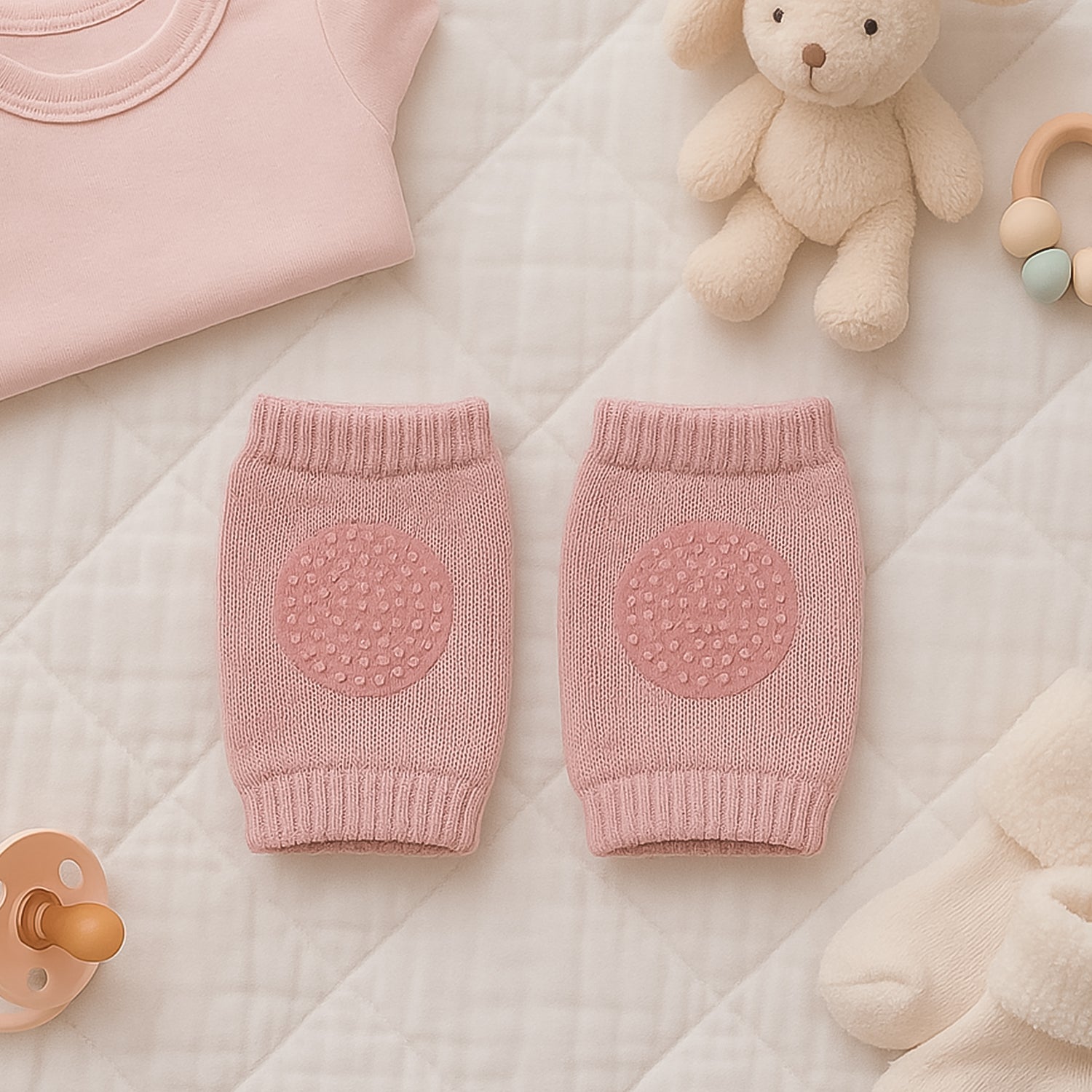 Pink wool knit toddler leg warmer and knee guard by Wukusy, soft, cozy baby care accessory for warmth and protection.